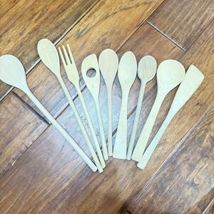 9 Piece Wooden Kitchen Utensils Spoons Fork Spatula Natural Wood Cooking Tools